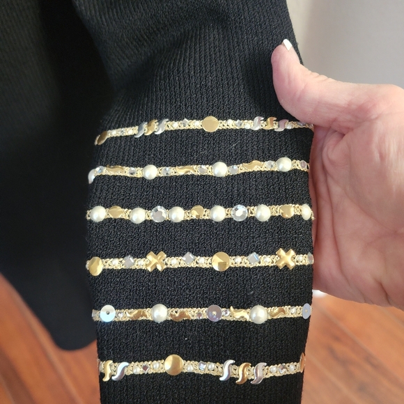 St John Knit Evening Dress black with gold pearl crystal piallettes size 10 - Picture 3 of 6